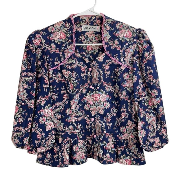 NWT Vintage Go Vicki Size Medium Floral Suit Top Blouse Jacket Balloon Sleeve - Picture 1 of 6
